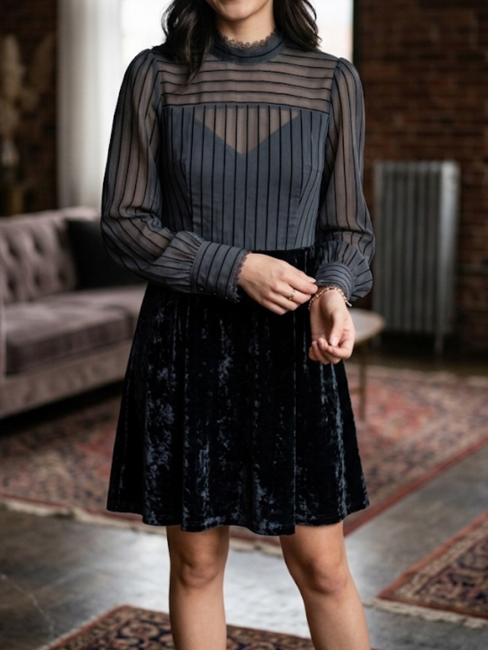 MODCLOTH Size 10 Black Sheer Top Velvet Skirt Long Sleeve Midi Dress‎ Whimsigoth
